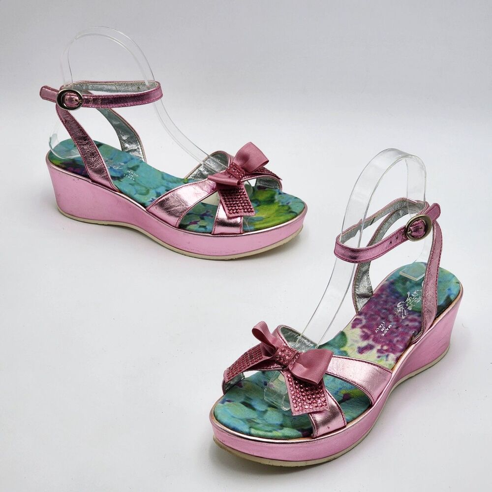 Roberto Cavalli Angels Bow Platform Wedge Sandals Metallic Pink Size 7.5